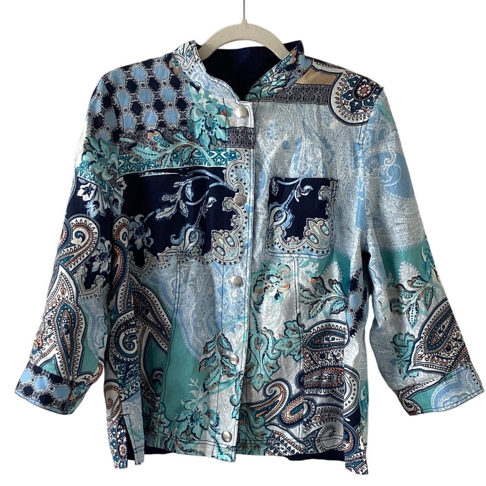 Reversible Jacket Paisley Patchwork Mandarin Collar Blue Button Down‎ Coat